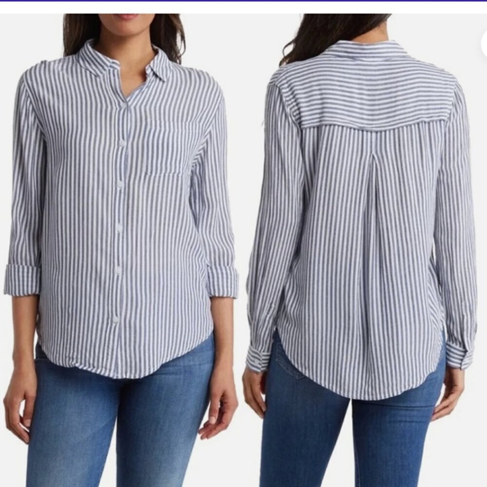 Beachlunchlounge Women's Size Small Button Down Shirt Blue White Stripes LTT5301